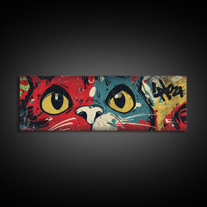 Comic Cat with Oversized Eyes Framed Canvas Print, Pop Art, Original Art, Living Room Decor, Fine Art, Pop, Original Artwork, POP-3x1-58