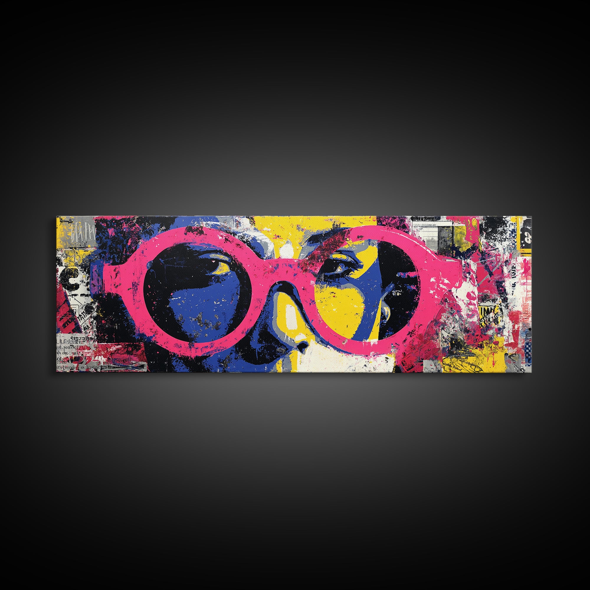 Glamorous Sunglasses Face Framed Canvas Print, Pop Art, Wall Art, Living Room Decor, Pop, Original Art, Canvas Wall Art, POP-3x1-72