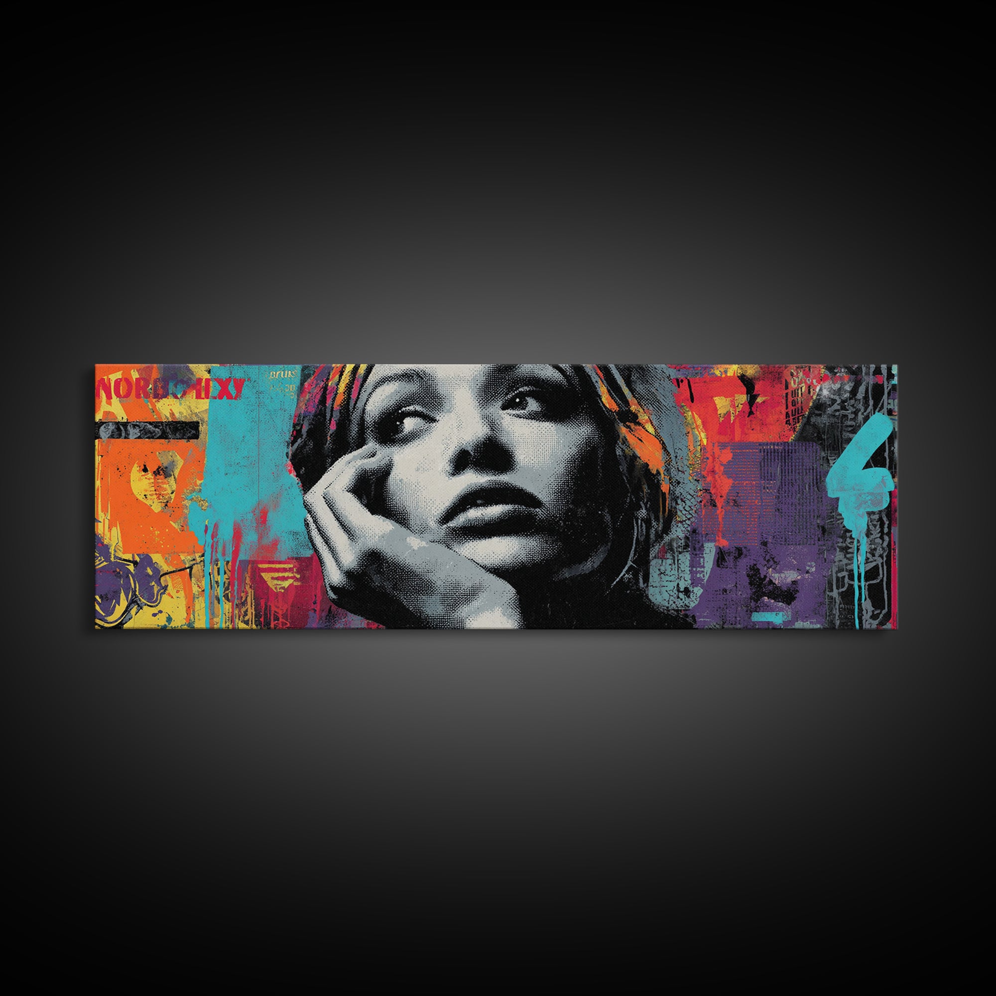 Neon Portrait with Thick Black Outlines Canvas Print, Pop Art, Painting, Living Room Decor, Fine Art, Pop, Apartment Decor, POP-3x1-92