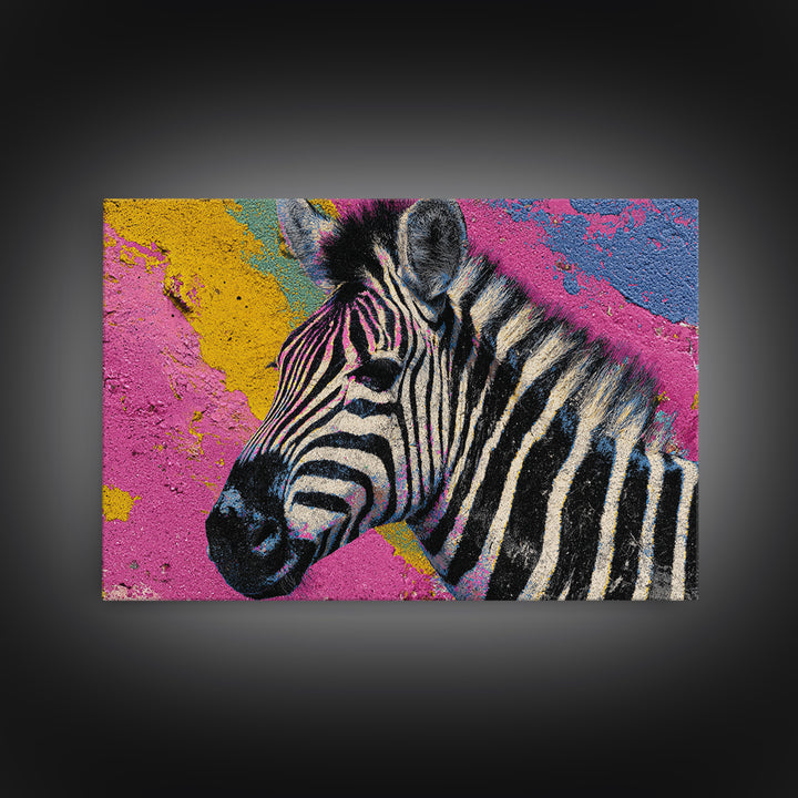 Zebra in Rainbow Pop Pattern Framed Canvas Print, Pop Art, Canvas Painting, Living Room Decor, Watercolor Art, Pop, POP-3x2-41