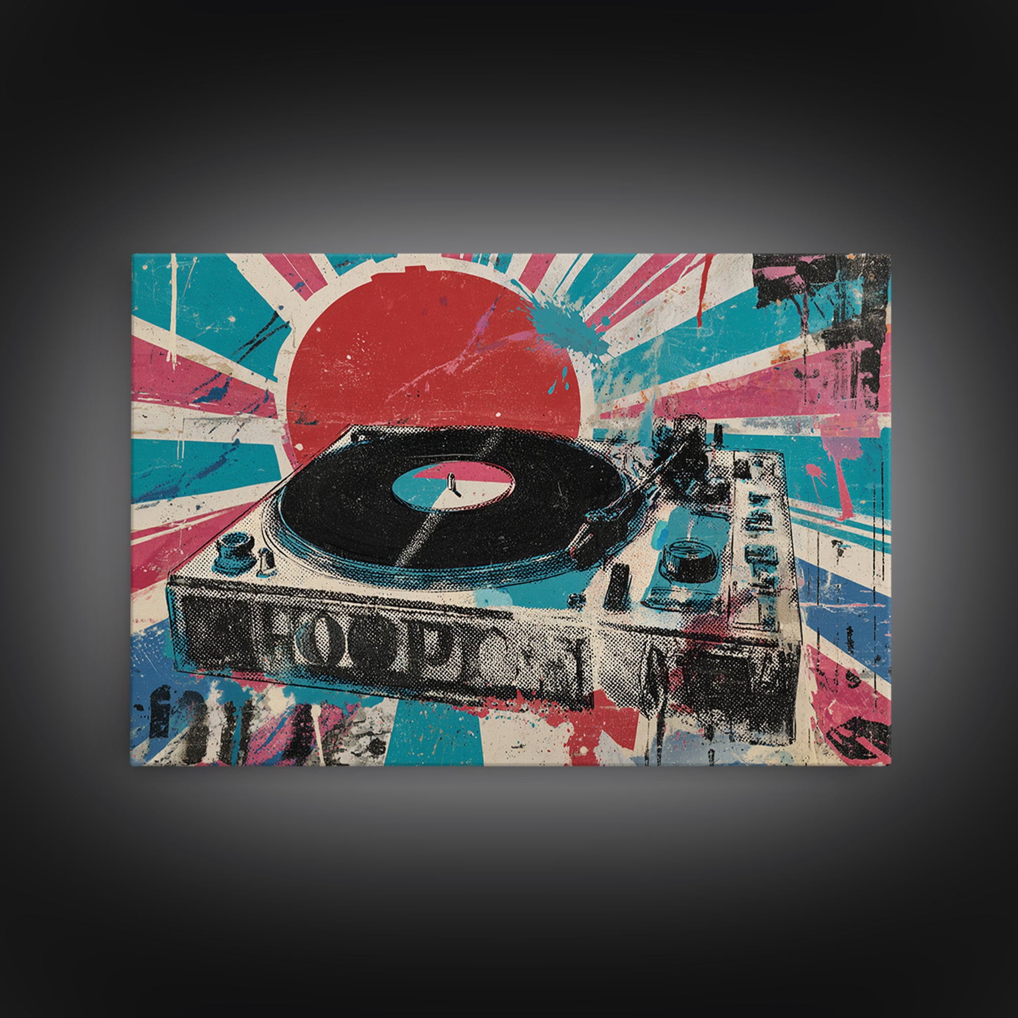 Record Player with Graphic Sound Rays Framed Canvas Print, Pop Art, Bedroom Decor, Living Room Decor, Oil Painting, Pop, POP-3x2-74