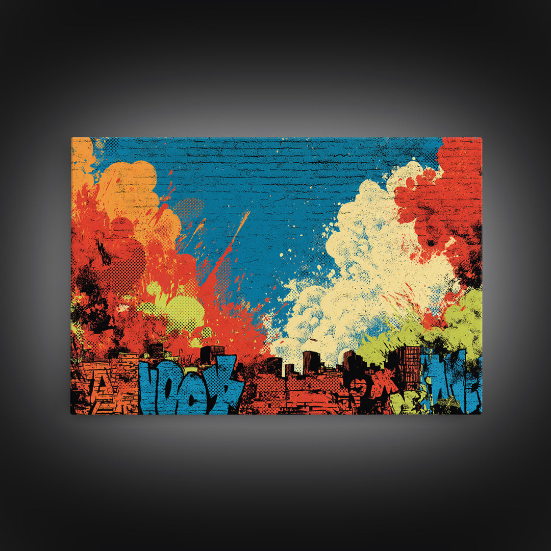 Comic Book City Skyline Framed Canvas Print, Pop Art, Football Wall Art, Living Room Decor, Abstract Art, Pop, Art Print, POP-3x2-81