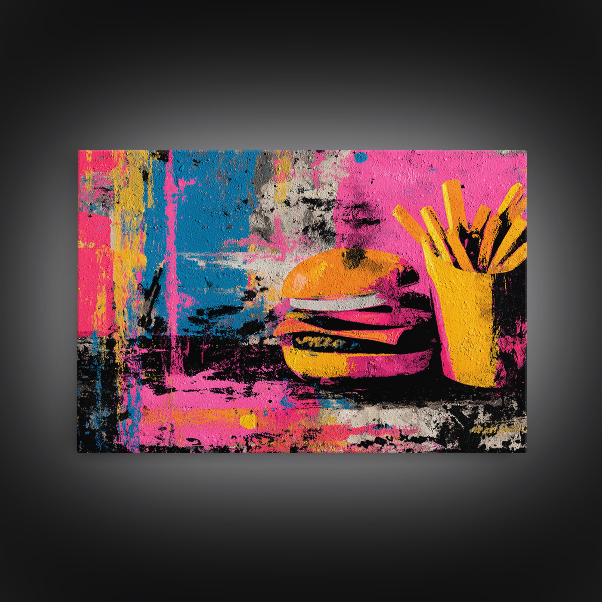 Hamburger and Fries Framed Canvas Print, Pop Art, Party Decor, Living Room Decor, Fine Art, Pop, Textured Painting, POP-3x2-85