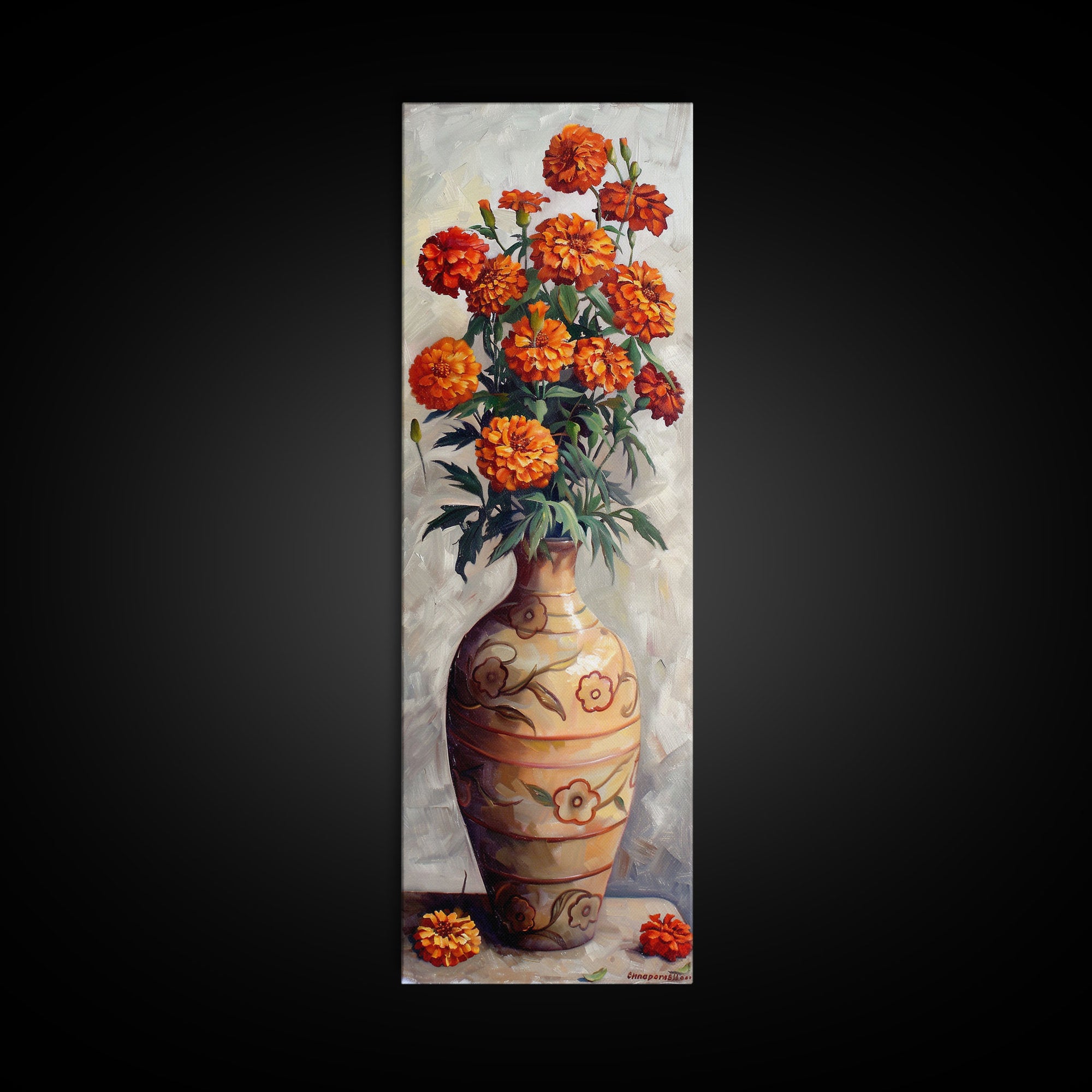 Orange Marigolds in Vase Painted on Textured Canvas, Tall and Narrow Framed Art, Botanical Art Print for Kitchen, Gallery Art, Moody Art