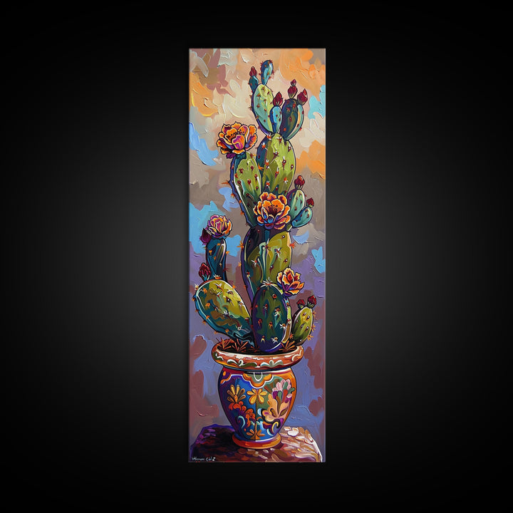 Cactus Canvas Printed and Framed Art, Colorful Botanical Wall Art, Desert Art Print, Vertical Narrow Wall Art, Art Print for Kitchen