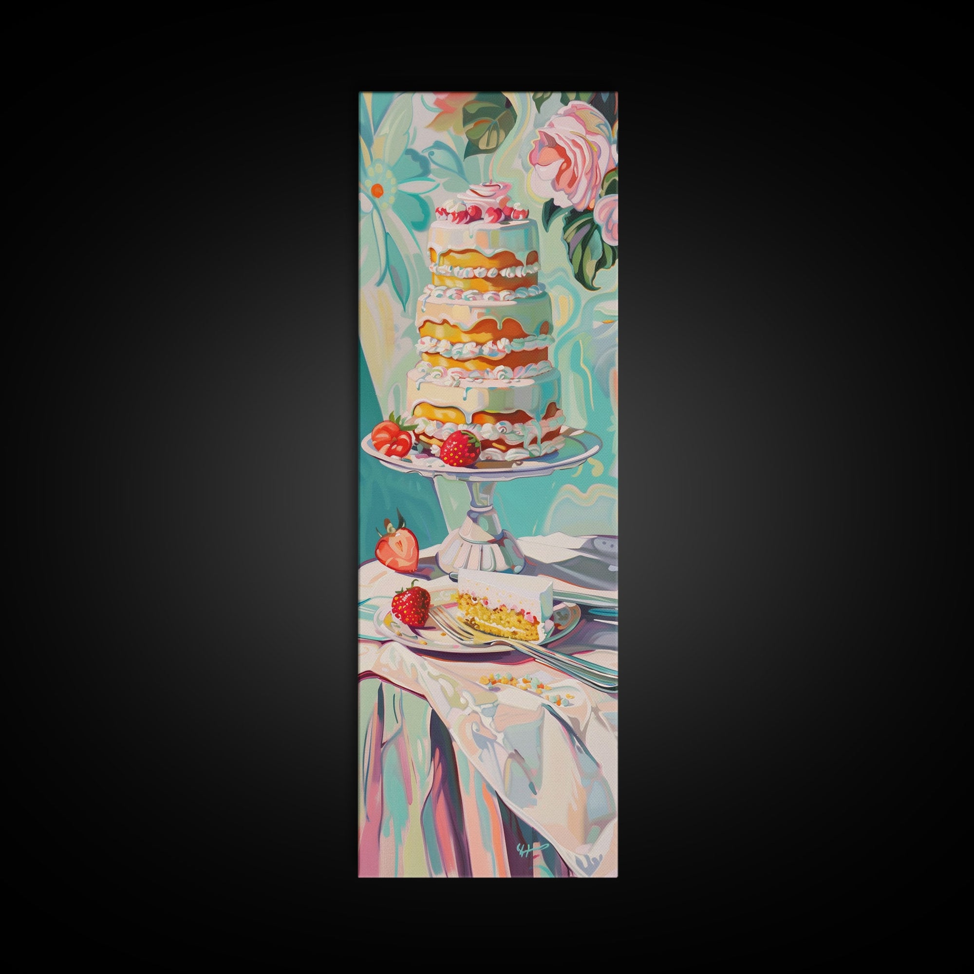 Cake Wall Art Framed and Printed on Canvas, Wall Art for Kitchen or Bakery, Food Art Print, Tall and Narrow Colorful Art for Kitchen