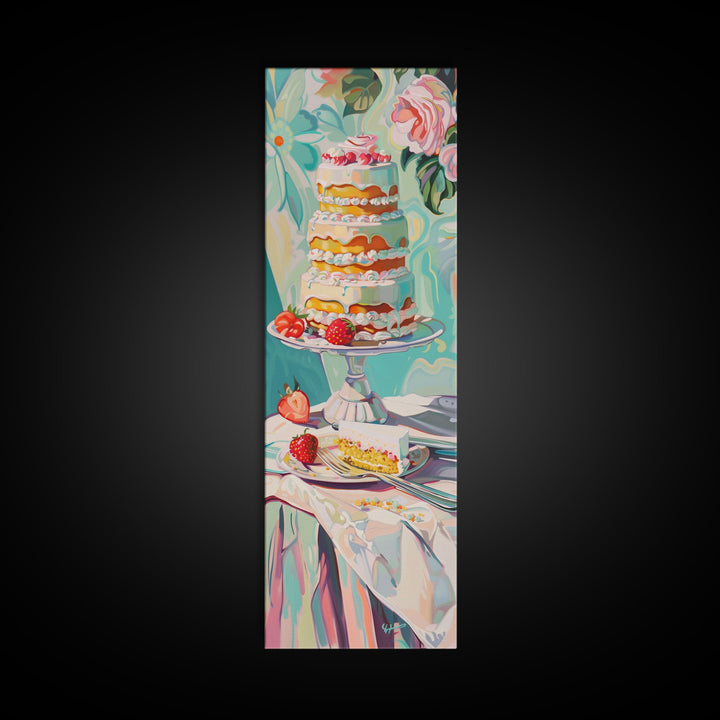 Cake Wall Art Framed and Printed on Canvas, Wall Art for Kitchen or Bakery, Food Art Print, Tall and Narrow Colorful Art for Kitchen
