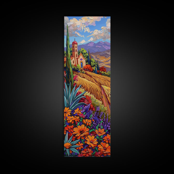 Framed and Printed Canvas Painting of Colorful Tuscan Countryside, Gouache Textured Canvas Painting, Botanical Wall Art Print, Skinny Art