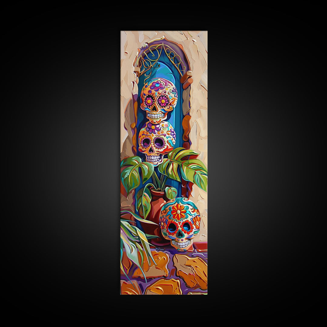 Day of The Dead Inspired Mexican Canvas Painting Framed, Long Narrow Wall Art Print, Spanish Style Home Decor, Contemporary Art Print