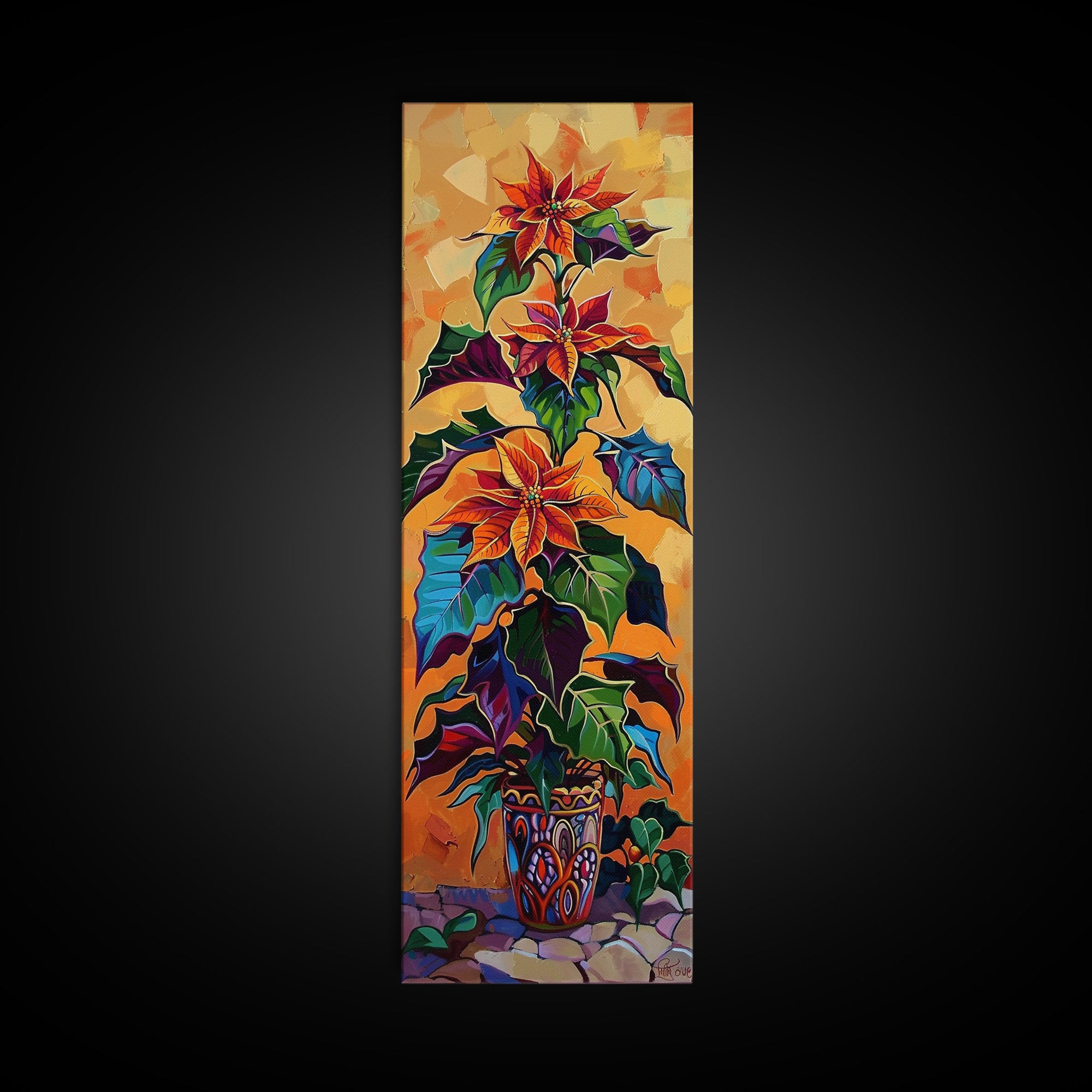 Oversized Spanish Style Poinsettia Canvas Painting Framed and Printed, Botanical Wall Art, Textured Canvas Painting, Vertical Framed Art