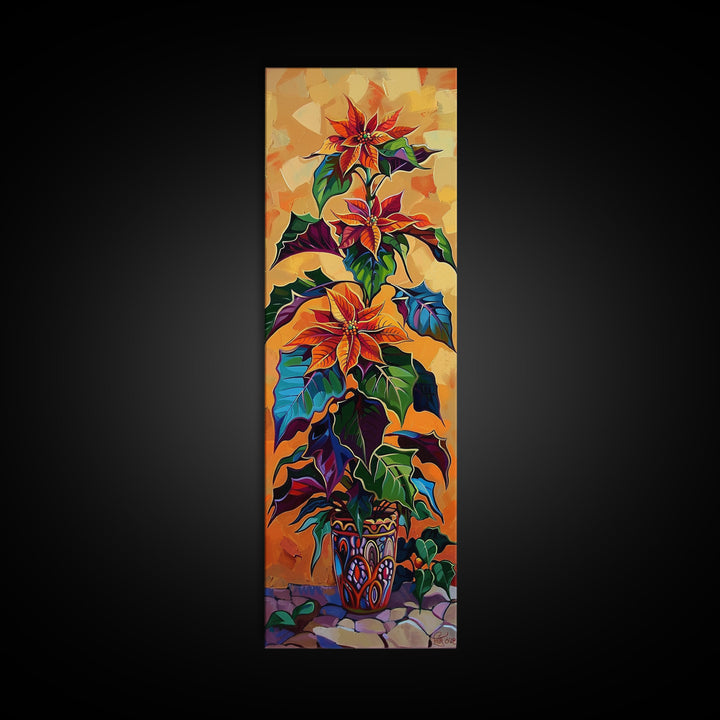 Oversized Spanish Style Poinsettia Canvas Painting Framed and Printed, Botanical Wall Art, Textured Canvas Painting, Vertical Framed Art