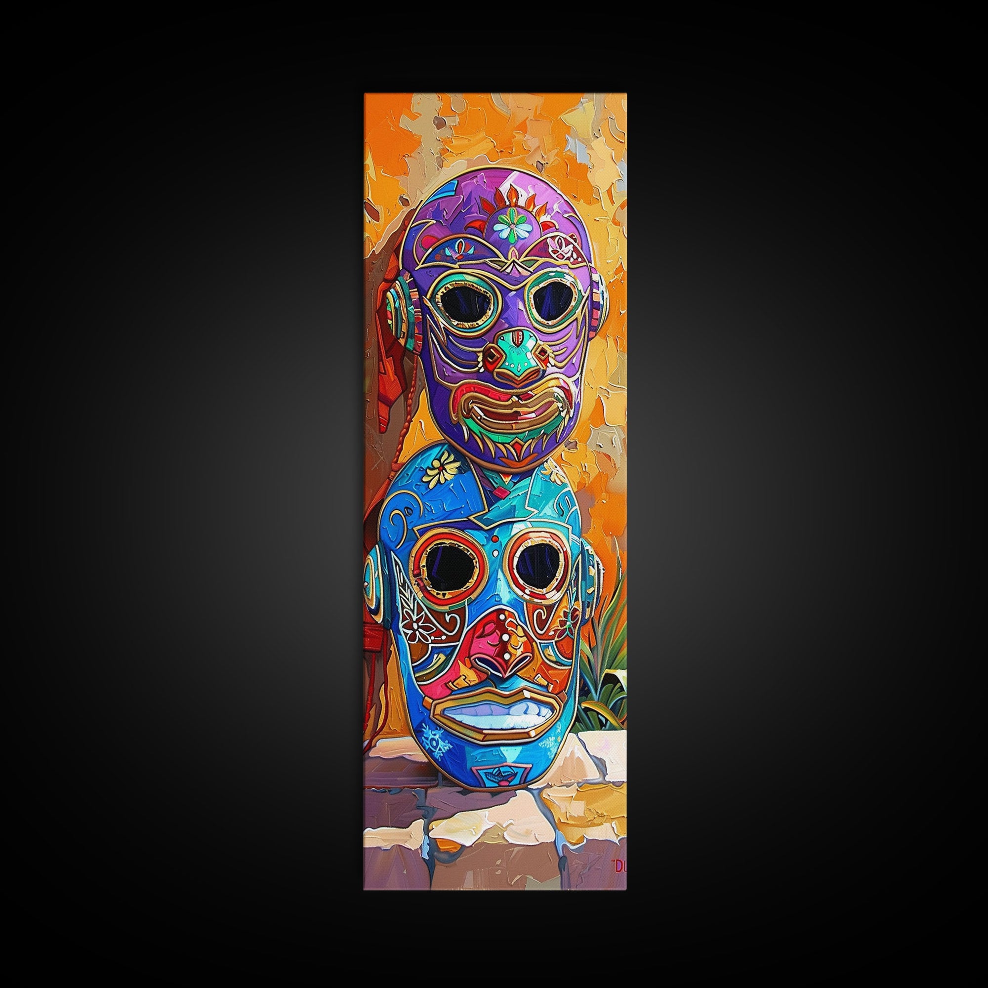 Colorful Tribal Art Painting Framed on Canvas, Spanish Style Canvas Painting, Vertical Framed Art for Living Room, Modern Canvas Art