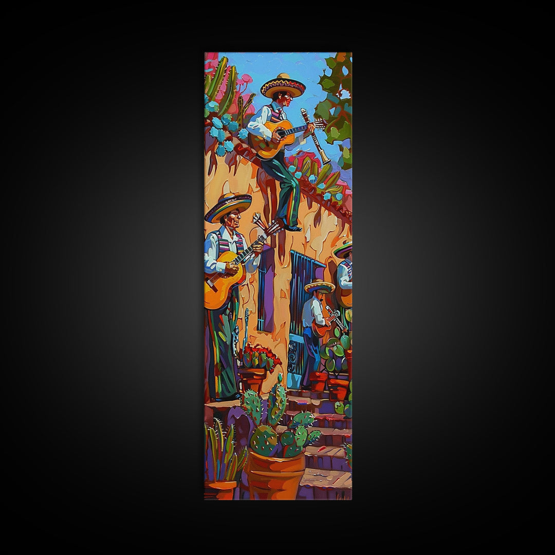 Tall and Narrow Mexican Style Mariachi Band Printed on Framed Canvas, Colorful Botanical Canvas Art, Maximalist Wall Art Print, Spanish Art