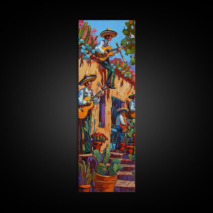 Tall and Narrow Mexican Style Mariachi Band Printed on Framed Canvas, Colorful Botanical Canvas Art, Maximalist Wall Art Print, Spanish Art