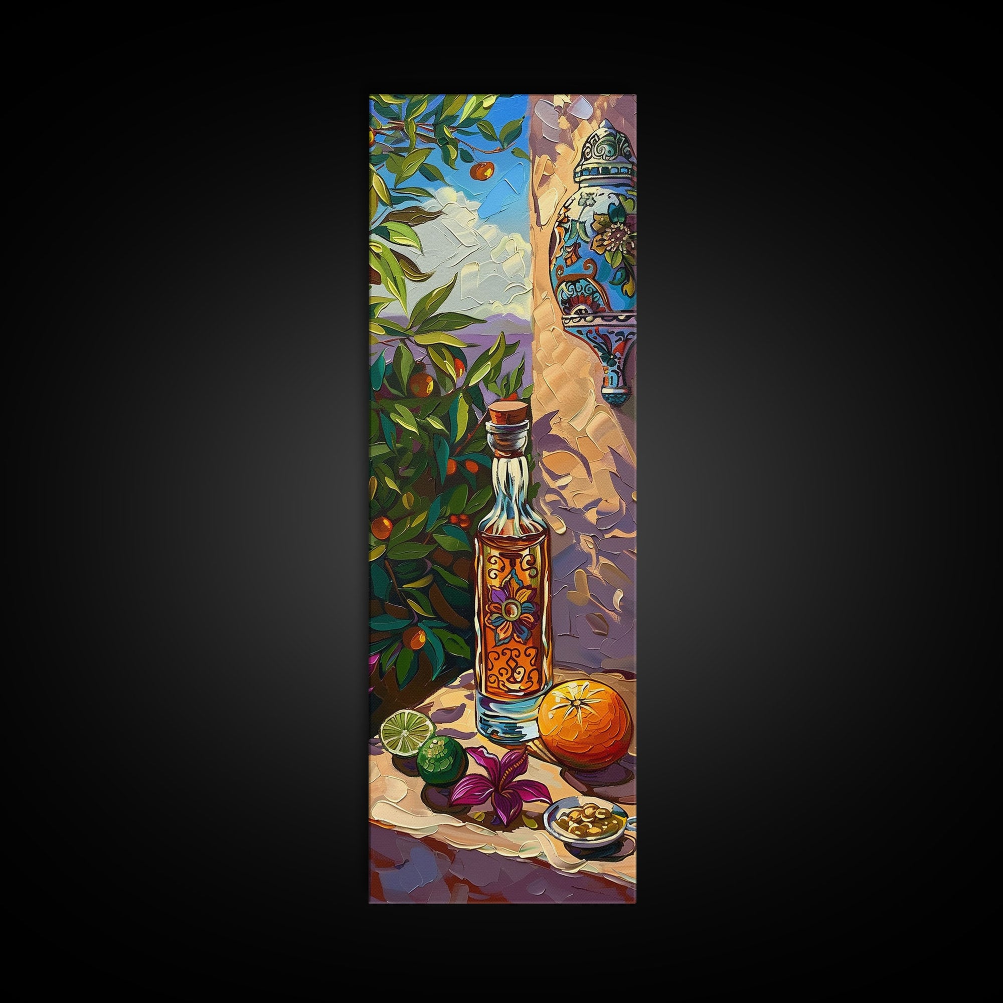 Rustic Mediterranean Still Life Canvas Art for Kitchen, Gouache Style Painting of Spanish Landscape, Olive Tree Art, Vertical Abstract Art