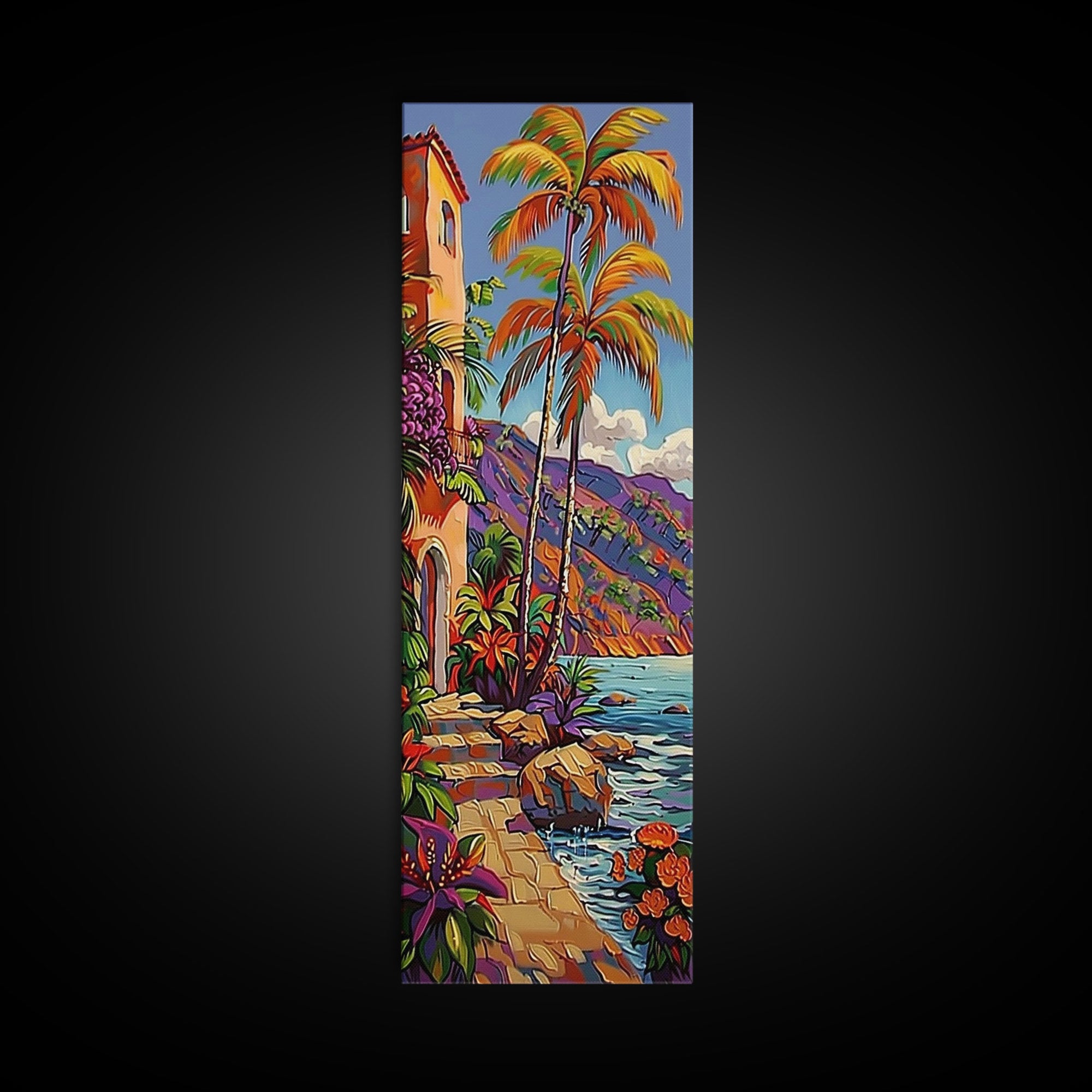 Impasto Painting of Capri Inspired Coast Framed on Canvas, Vertical Tall and Narrow Canvas Painting, Textured Coastal Beach Print, Tropical Art