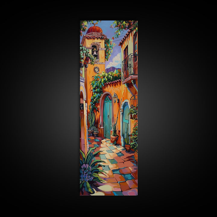 Rustic Colorful Mexican Inspired Hacienda Canvas Painting Framed, Spanish Wall Art Print, Vertical Tall and Narrow Wall Art for Large Space