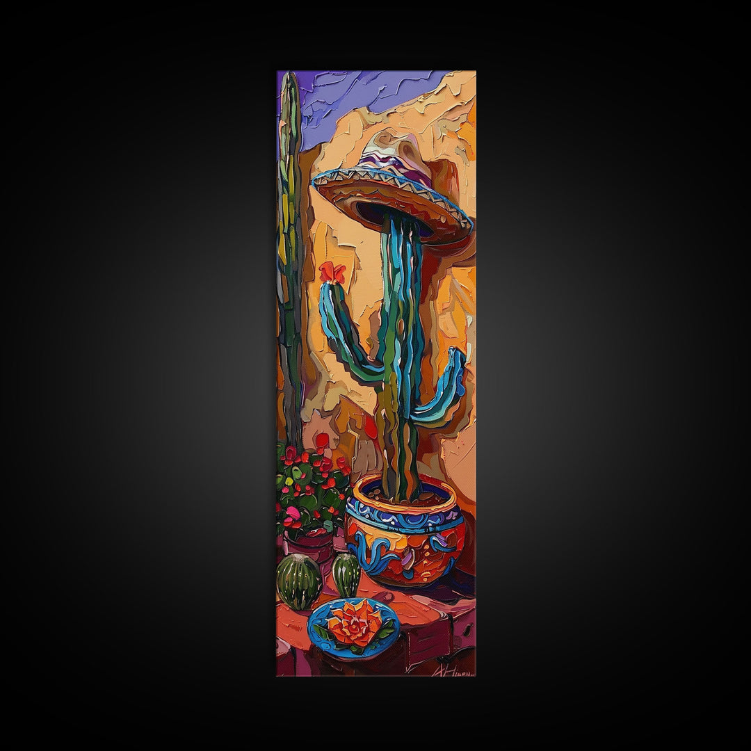 Colorful Canvas Painting of Mexican Saguaro Cactus Framed, Southwest Home Decor, Western Wall Art for Living Room, Housewarming Gift for Her