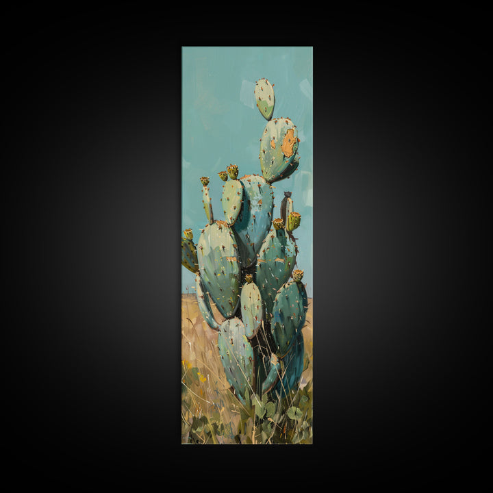 Botanical Desert Art Print of Cactus Framed on Canvas, Framed Western Art, Colorful Landscape Painting, Vertical Art for Living Room
