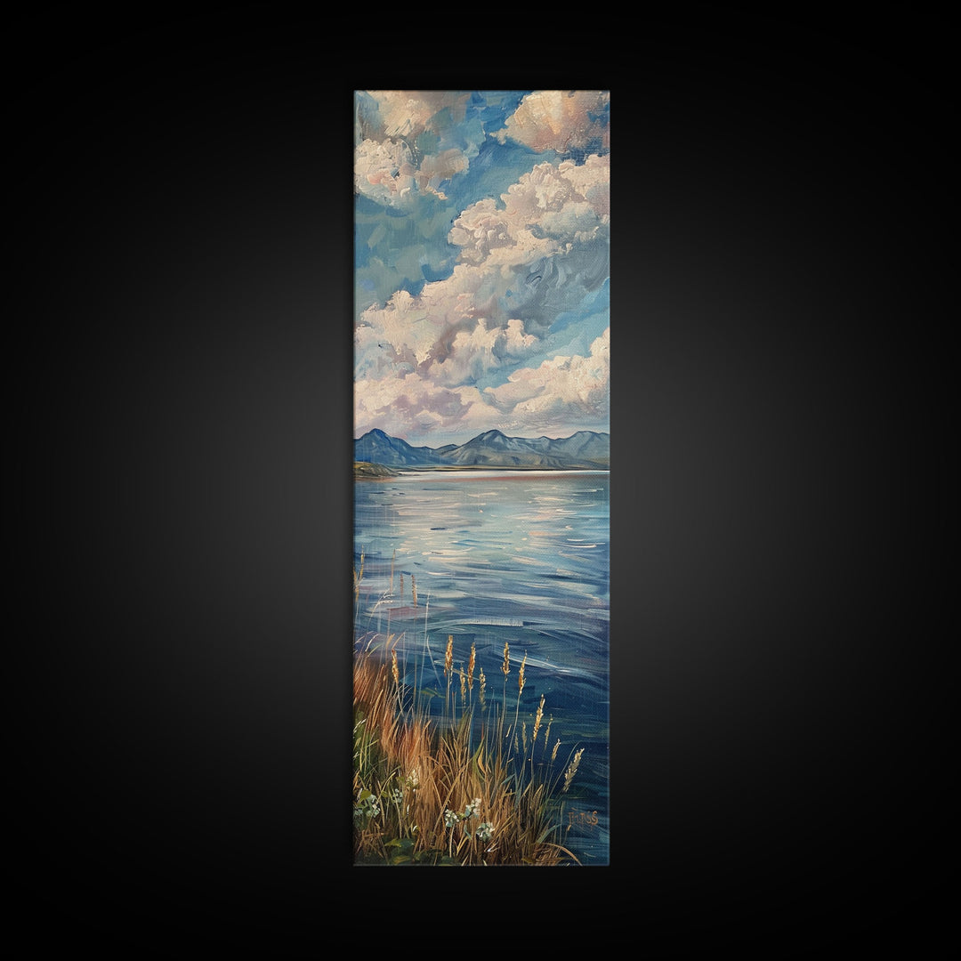 Ocean Landscape Acrylic Canvas Painting Framed, Modern Coastal Art, Vertical Framed Beach Art, Tall and Narrow Wall Art for Living Room