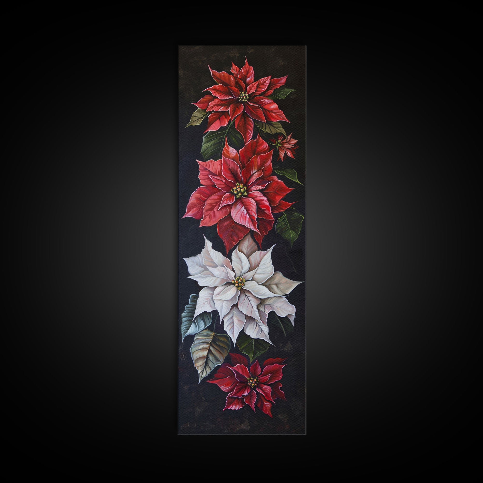 Colorful Botanical Poinsettia Canvas Art Printed and Framed, Vertical Tall and Narrow Floral Art Print, Modern Wall Art, Housewarming Gift