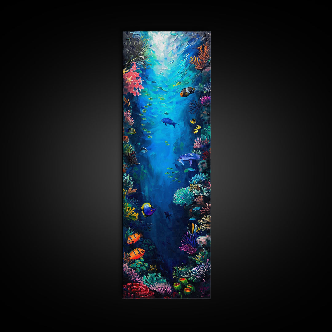Oversized Vertical Framed Canvas Painting of Colorful Coral Reef, Ocean Painting Framed, Ocean Landscape Wall Art Print, Vibrant Art