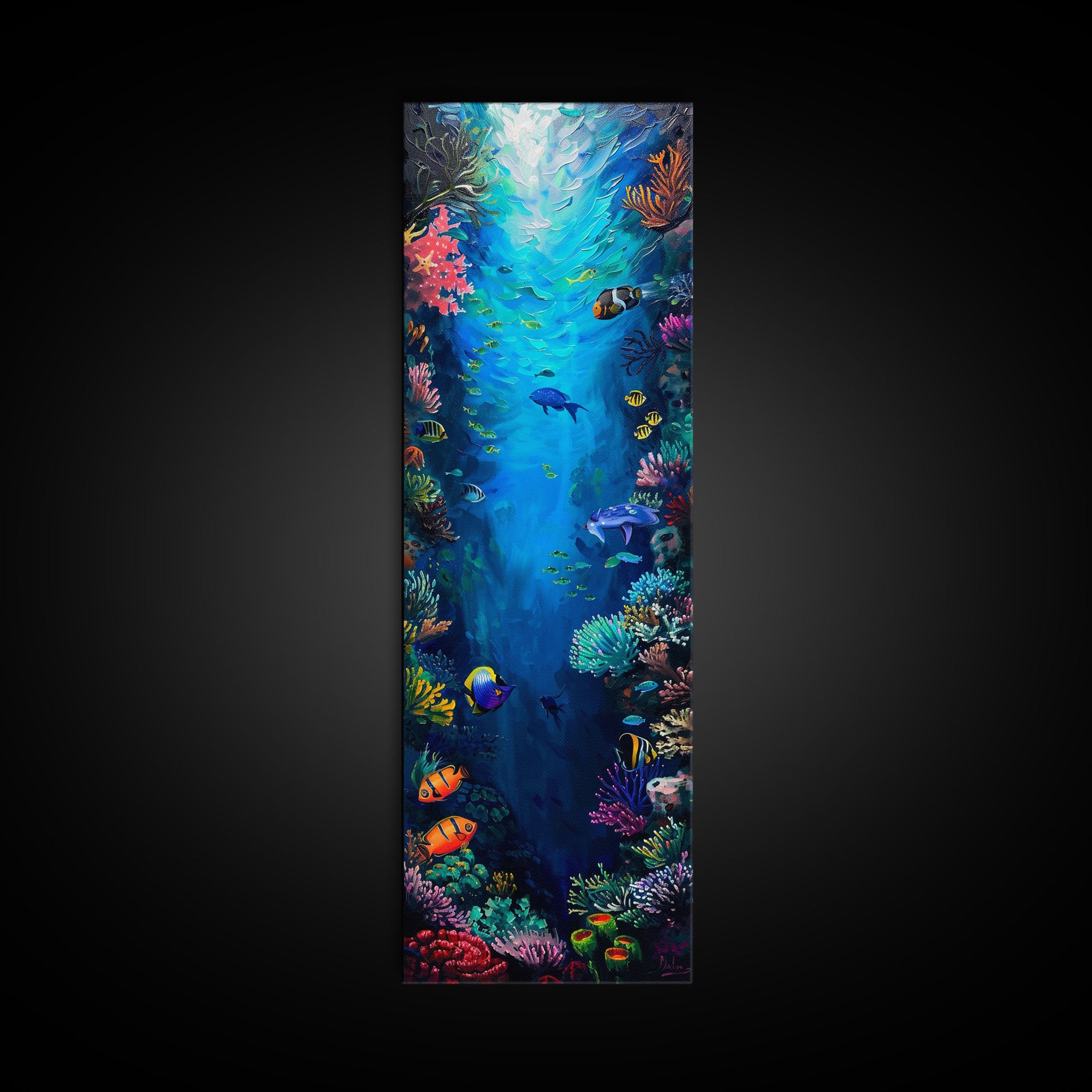 Oversized Vertical Framed Canvas Painting of Colorful Coral Reef, Ocean Painting Framed, Ocean Landscape Wall Art Print, Vibrant Art