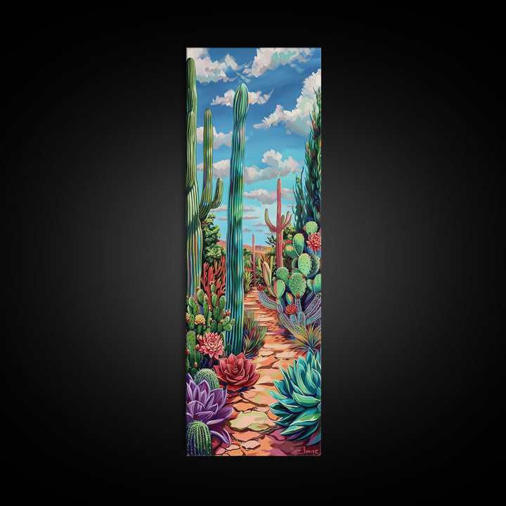 Vertical Printed Framed Canvas Art of Desert Landscape, Colorful Botanical Cactus Painting, Southwestern Wall Art, Vintage Canvas Art