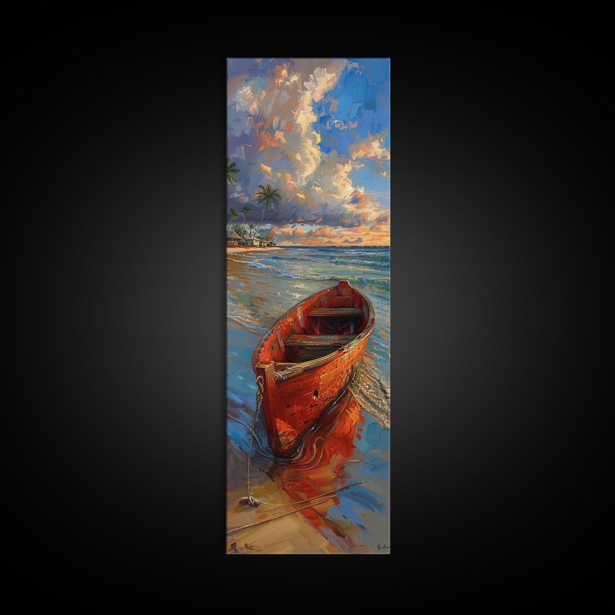 Red Boat on Sandy Shore with Palm Trees - Framed Canvas Print, Midcentury Modern Wall Art, Skinny Art, Tall Art, Living Room Decor