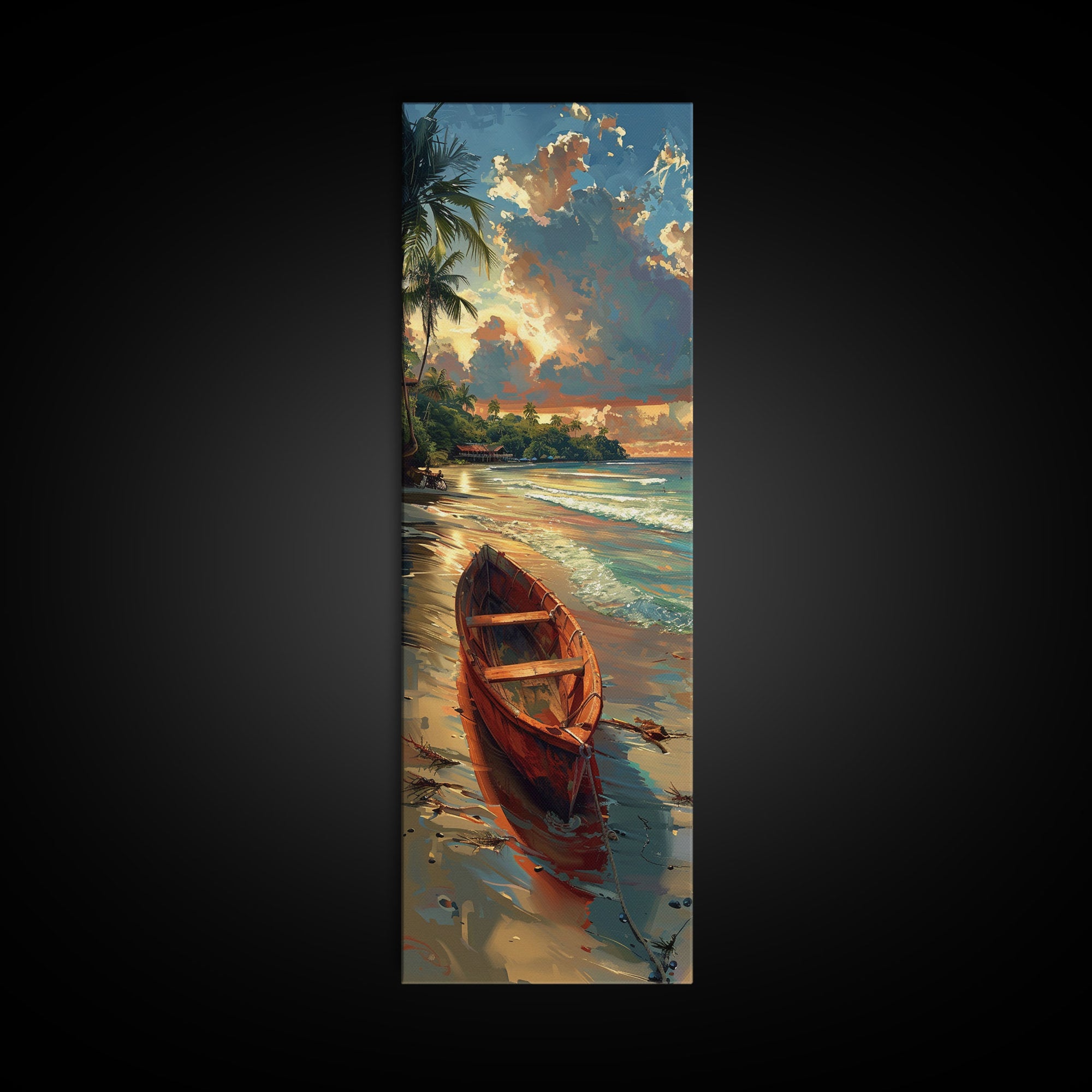 Red Boat Resting on the Shoreline - Framed Canvas Print, Midcentury Modern Wall Art, Skinny Art, Tall Art, Living Room Decor