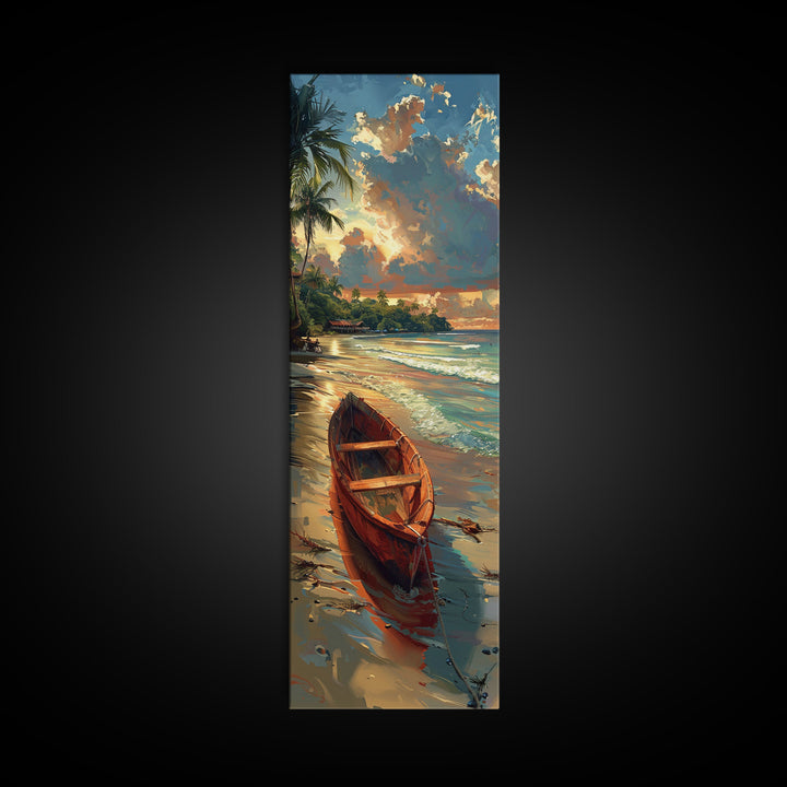 Red Boat Resting on the Shoreline - Framed Canvas Print, Midcentury Modern Wall Art, Skinny Art, Tall Art, Living Room Decor