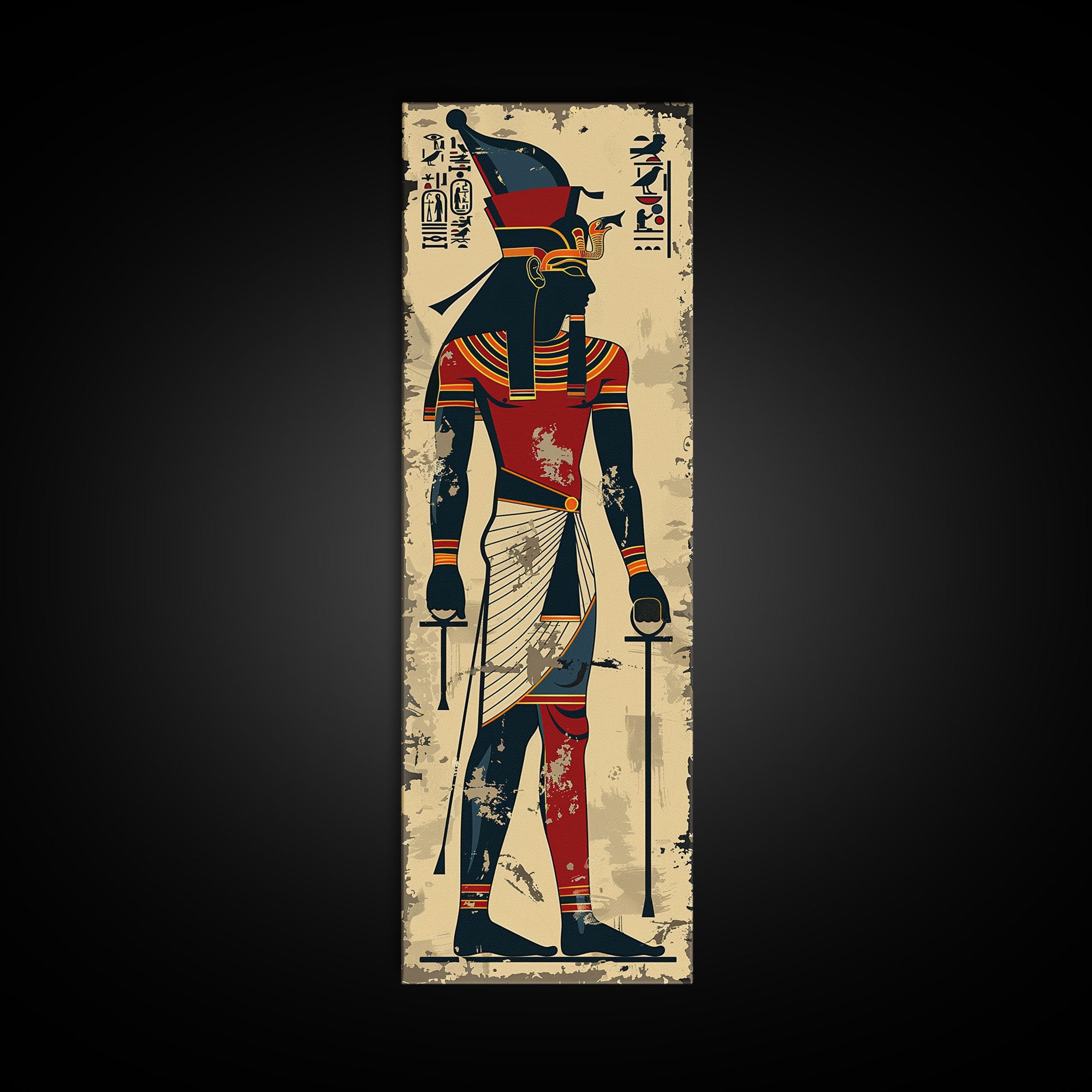 Egyptian Art Depiction of Horus - Framed Canvas Print, Midcentury Modern Wall Art, Skinny Art, Tall Art, Living Room Decor