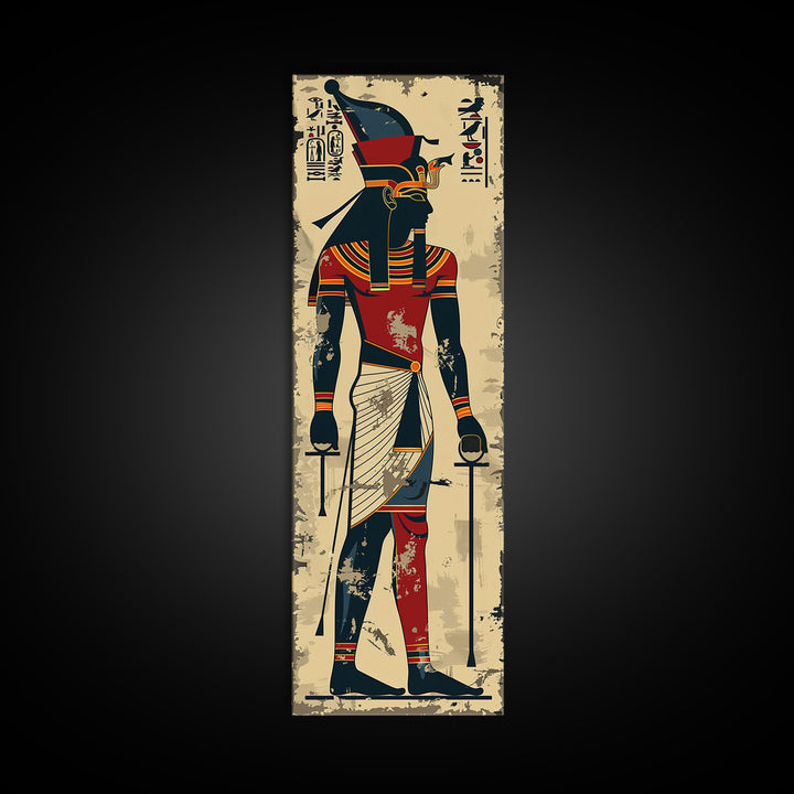 Egyptian Art Depiction of Horus - Framed Canvas Print, Midcentury Modern Wall Art, Skinny Art, Tall Art, Living Room Decor