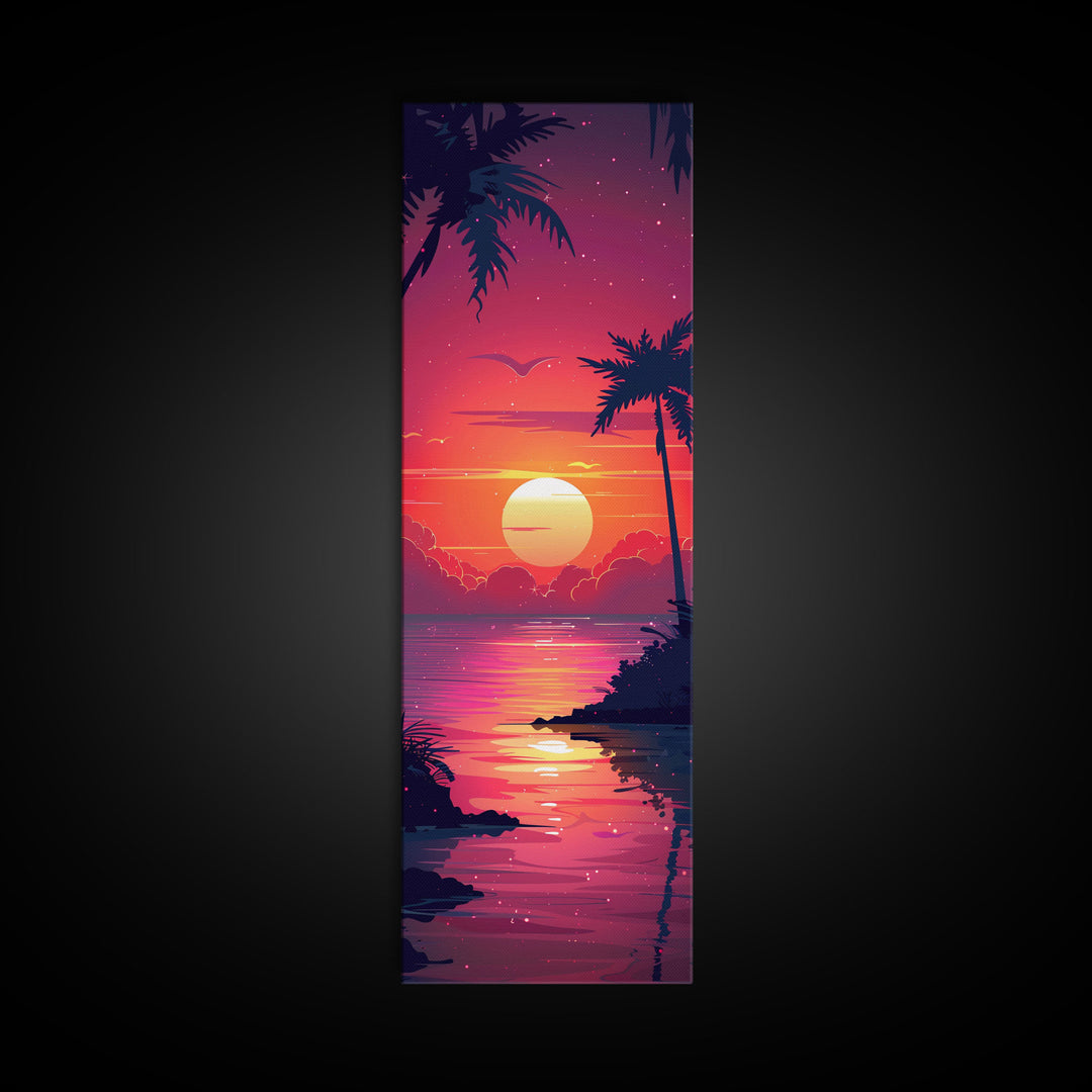 Retro Tropical Sunset Midcentury Modern Art - Framed Canvas Print, Boho Art, Skinny Art, Living Room Art, Bedroom Decor, Coastal Wall Art