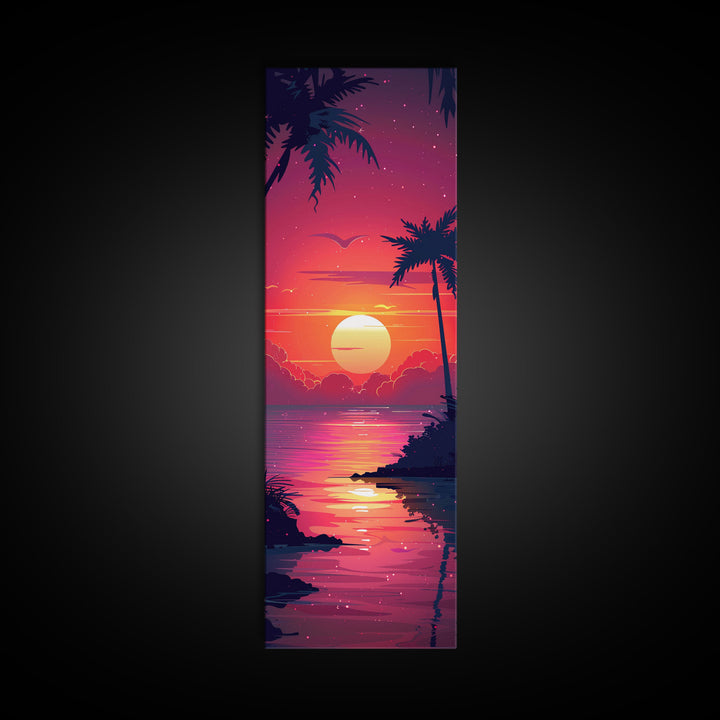 Retro Tropical Sunset Midcentury Modern Art - Framed Canvas Print, Boho Art, Skinny Art, Living Room Art, Bedroom Decor, Coastal Wall Art