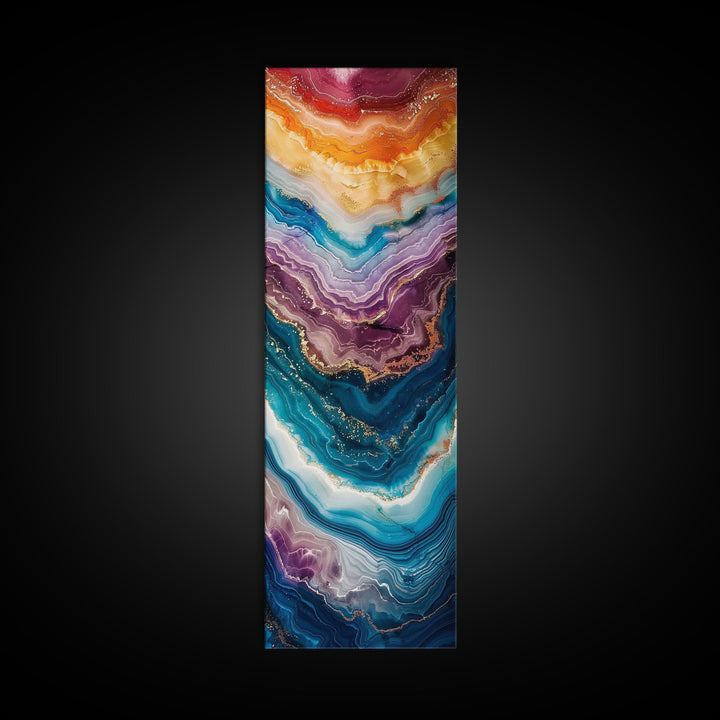 Multicolor Layered Geode Art - Framed Canvas Print, Midcentury Modern Skinny Art, Tall Wall Art for Living Room or Bedroom Decor