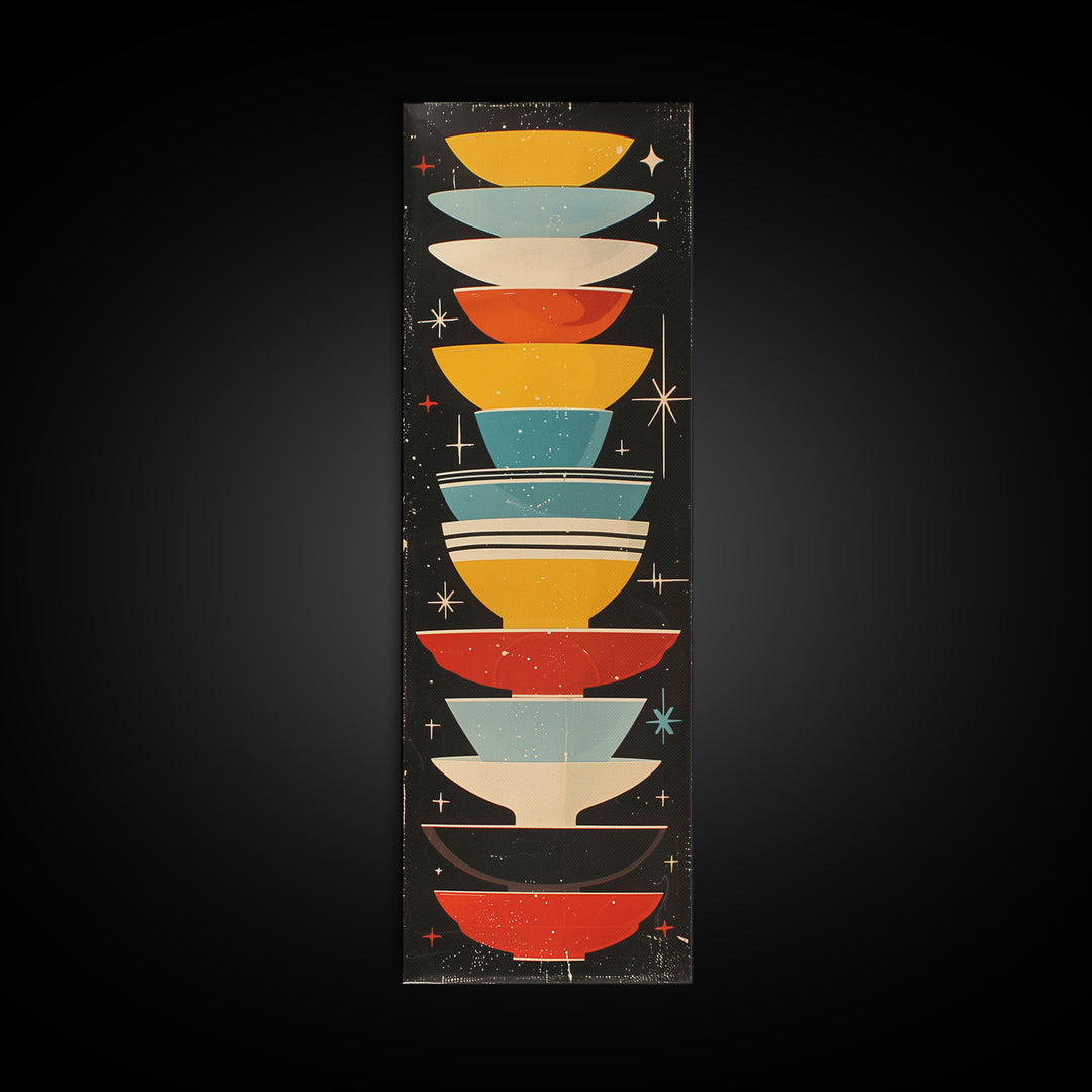 Retro Stacked Bowls Art in Midcentury Style - Framed Canvas Print, Skinny Tall Art for Living Room or Bedroom Decor