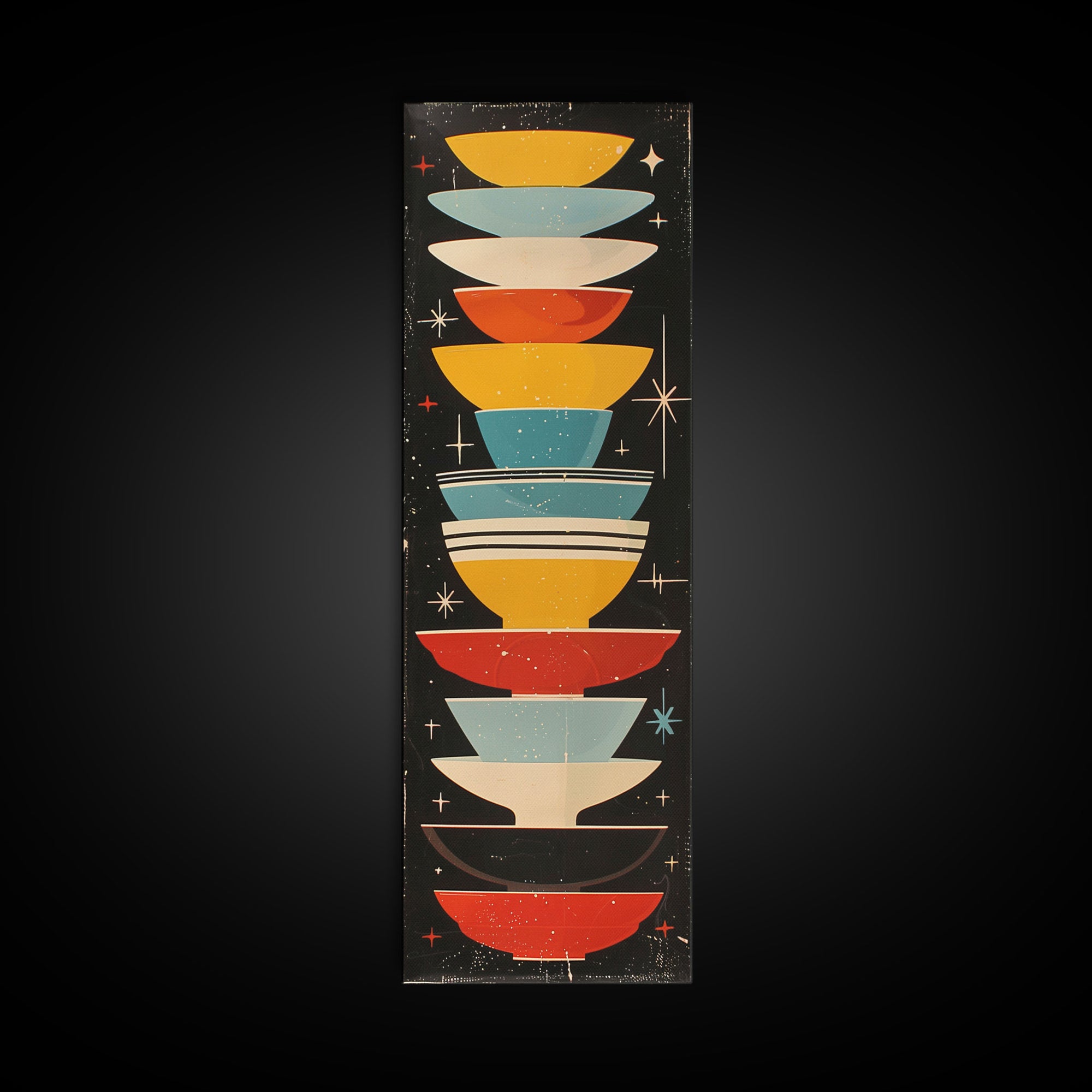Retro Stacked Bowls Art in Midcentury Style - Framed Canvas Print, Skinny Tall Art for Living Room or Bedroom Decor