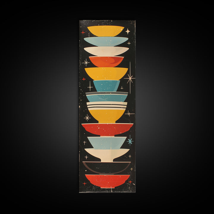 Retro Stacked Bowls Art in Midcentury Style - Framed Canvas Print, Skinny Tall Art for Living Room or Bedroom Decor