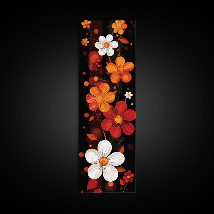 Floral Pattern in Bold Colors - Framed Canvas Print, Midcentury Modern Skinny Art, Tall Wall Art for Living Room or Bedroom Decor