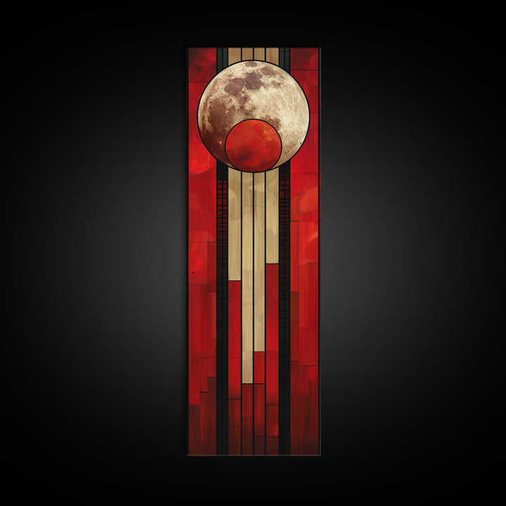 Lunar and Sun Geometric Art in Red and Beige Tones - Framed Canvas Print, Midcentury Modern Art, Skinny Art, Tall Art, Living Room Wall Decor