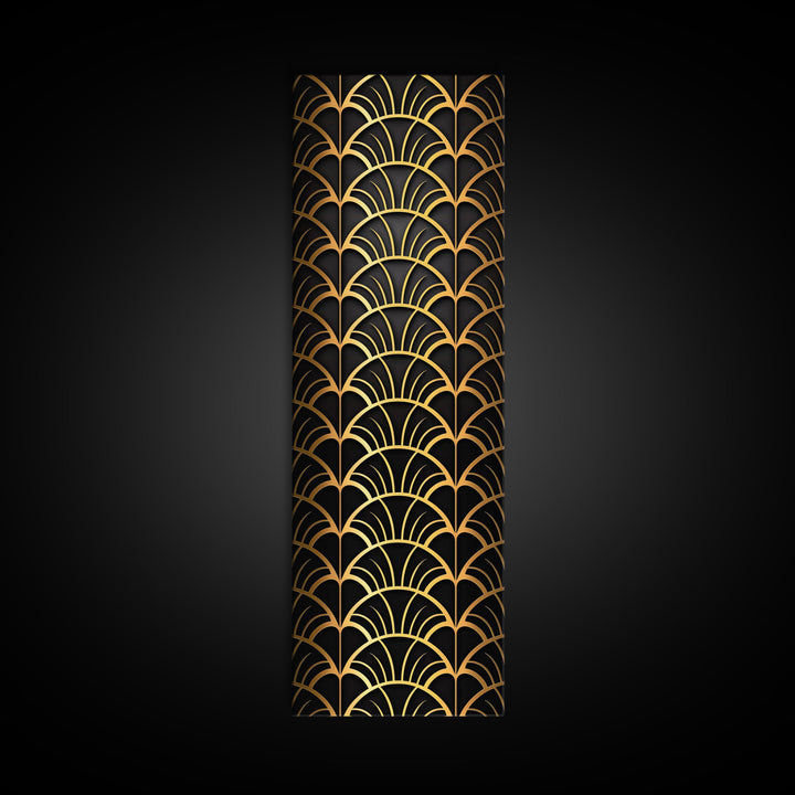 Abstract Gold Geometric Pattern on Black Background - Framed Canvas Print, Art Deco Style, Skinny Art, Tall Art, Midcentury Modern Art, Living Room Wall Decor