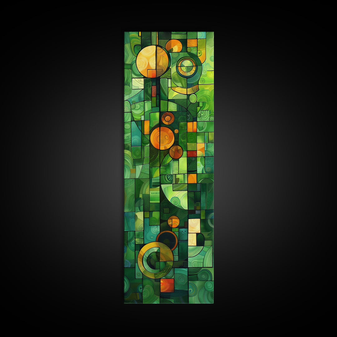 Geometric Abstract Art in Green and Yellow Tones - Framed Canvas Print, Midcentury Modern Art, Skinny Art, Tall Art, Living Room Wall Decor, Boho Art