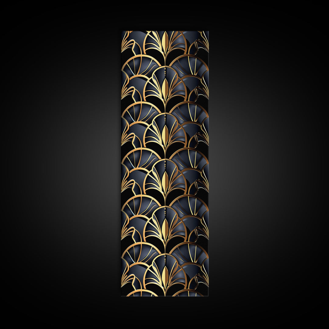 Gold Art Deco Pattern on Black Background - Framed Canvas Print, Midcentury Modern Art, Skinny Art, Tall Art, Living Room Wall Decor, Minimalist Art