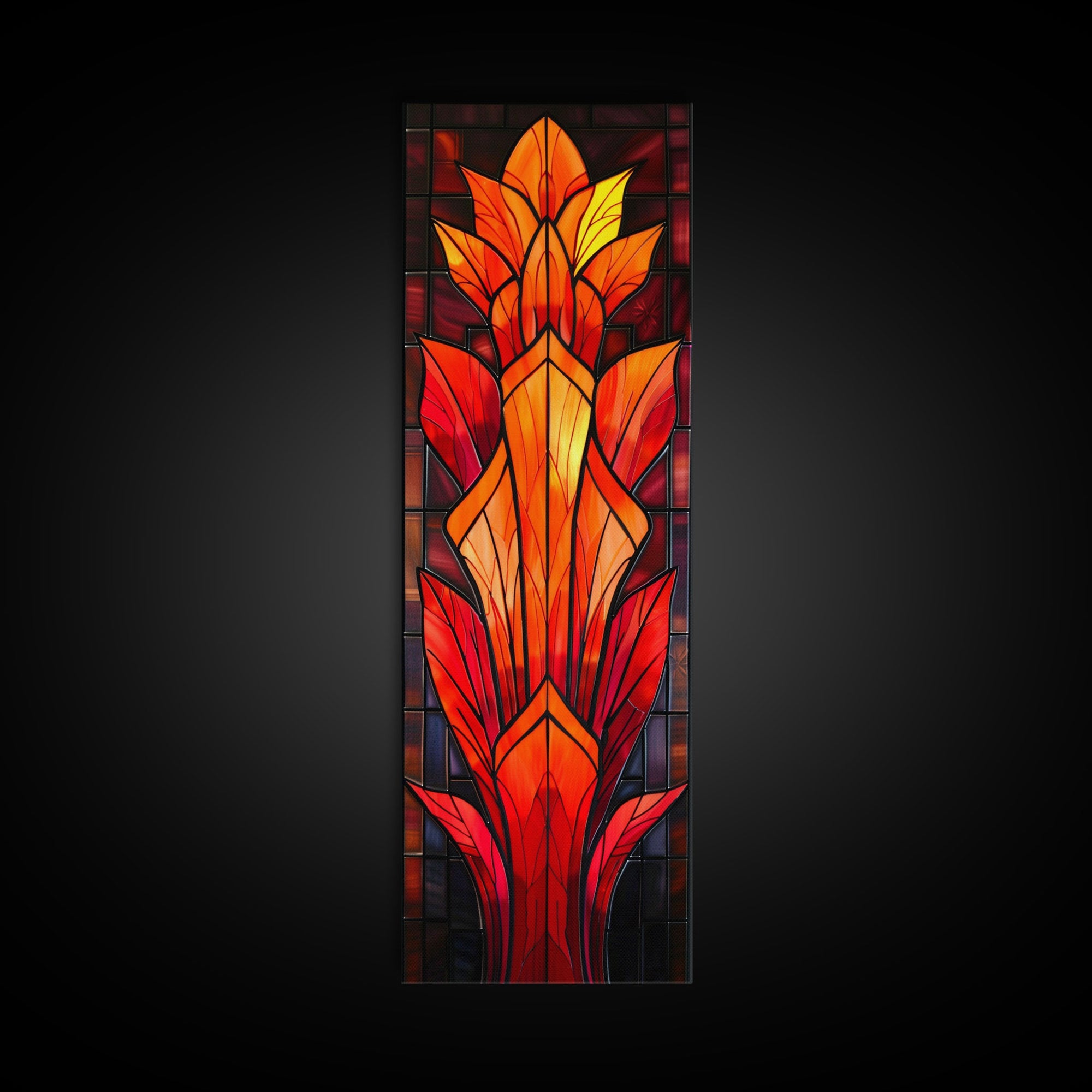 Red and Orange Floral Stained Glass Design - Framed Canvas Print, Midcentury Modern Art, Skinny Art, Tall Art, Living Room Wall Decor, Boho Art