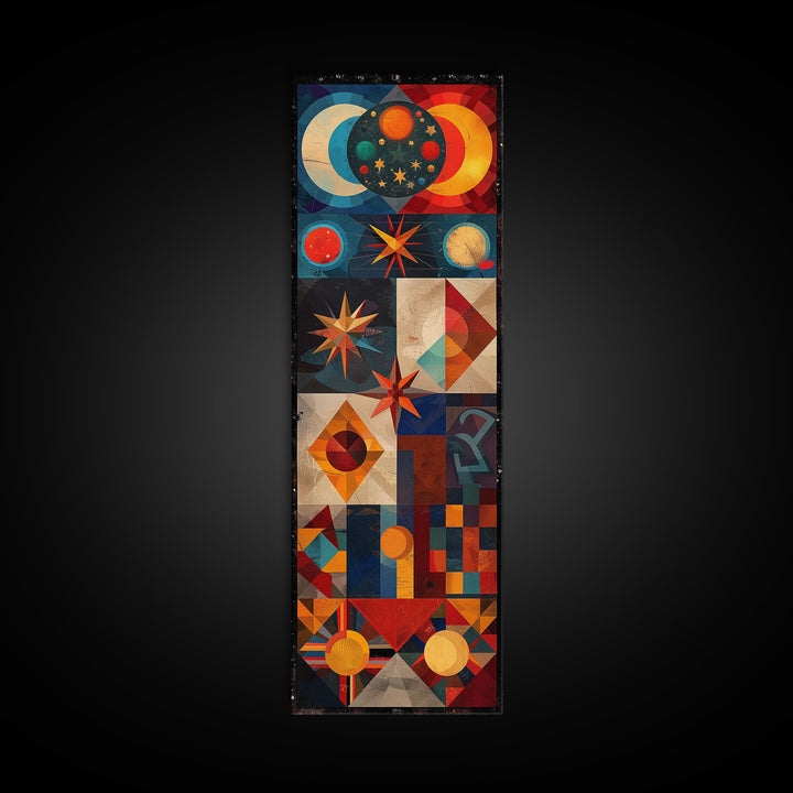 Geometric Cosmic Design in Red and Blue Tones - Framed Canvas Print, Midcentury Modern Art, Skinny Art, Tall Art, Living Room Wall Decor, Boho Art