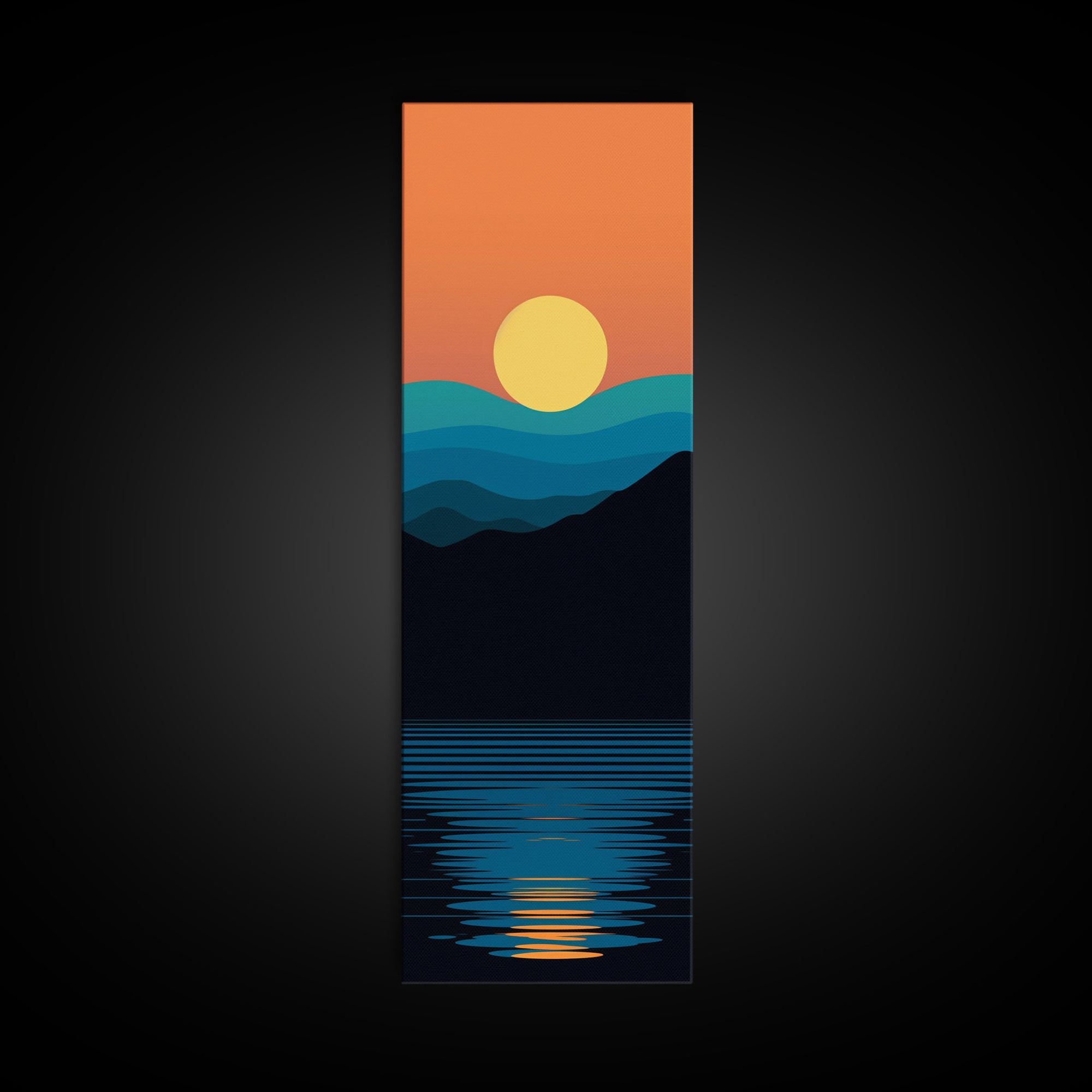 Minimalist Sunset Over Mountains Midcentury Modern Art - Framed Canvas Print, Boho Art, Skinny Art, Living Room Art, Bedroom Decor, Landscape