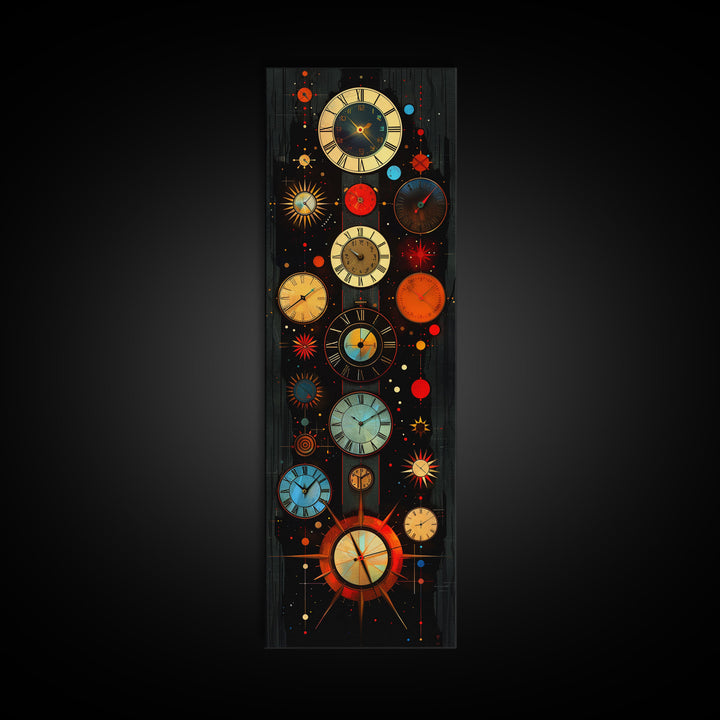 Interdimensional Wall Art, Retro Art Deco Clocks, Framed Canvas Print, Surrealist Decor