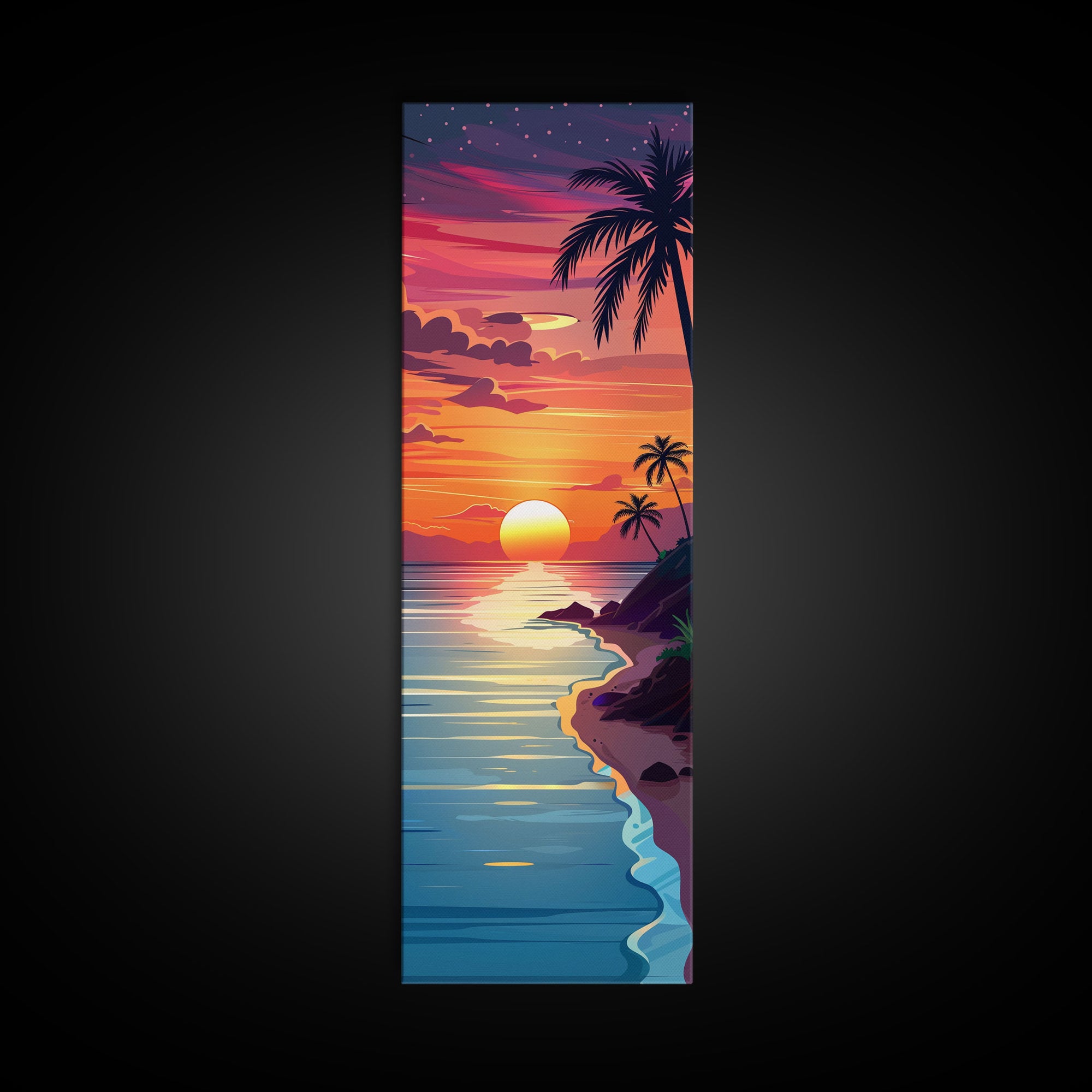 Coastal Sunset Palm Trees Midcentury Modern Art - Framed Canvas Print, Boho Art, Skinny Art, Living Room Art, Bedroom Decor, Tropical Landscape