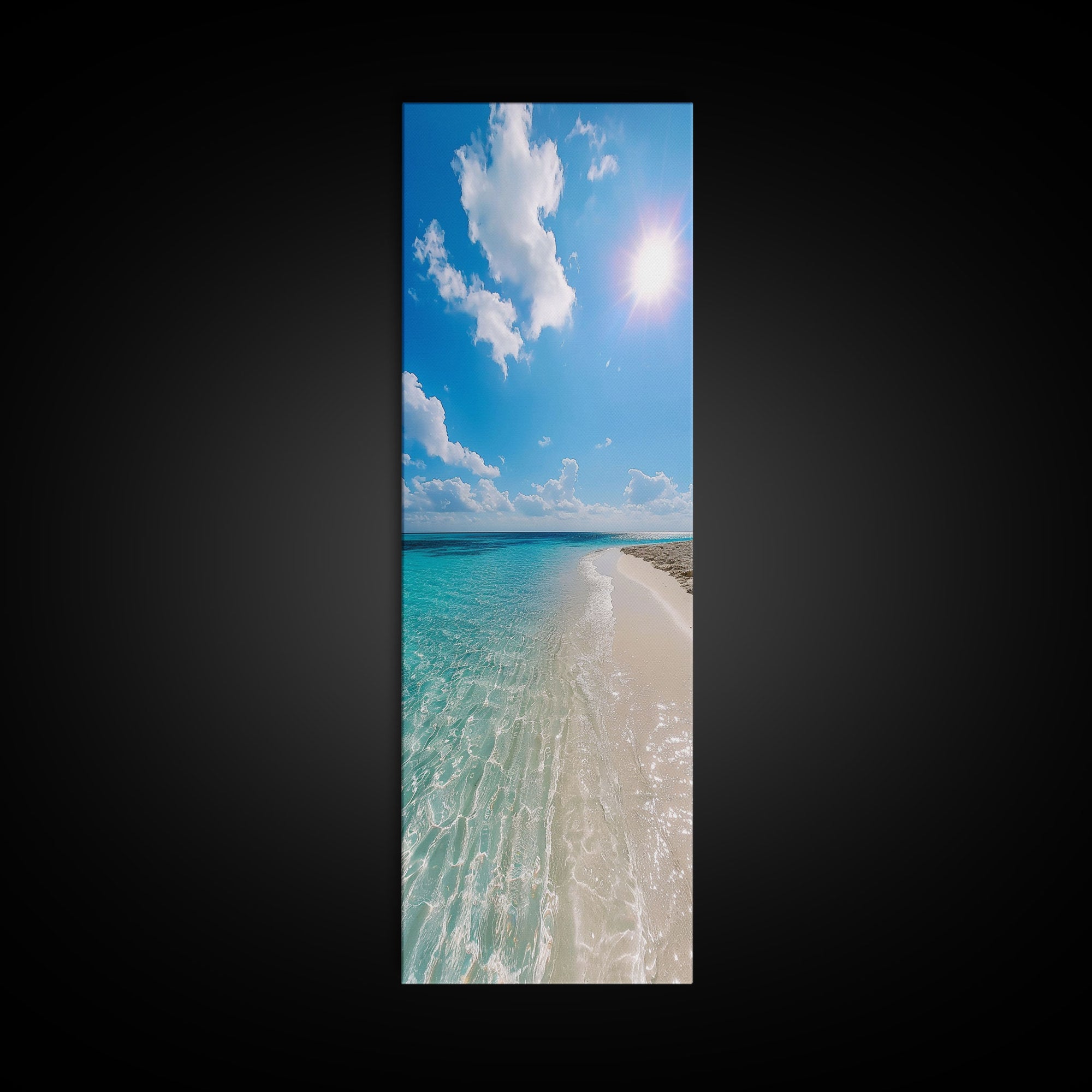 Serene Coastal Shoreline Landscape Painting in Blue and Orange Hues, Modern Framed Canvas Print, Ideal for Contemporary Wall Art Décor